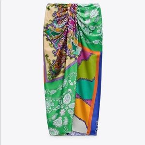 Zara Printed High Waisted Skirt With Knot Pareo MIDI Green Paisley L